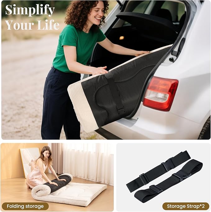 Japanese Floor Mattress, 4" Thicken Futon Mattress Twin Size Sleeping Pad, Corduroy Foldable Floor Pad, Roll Up Tatami Mat for Adults Guest Room Bedroom, Beige