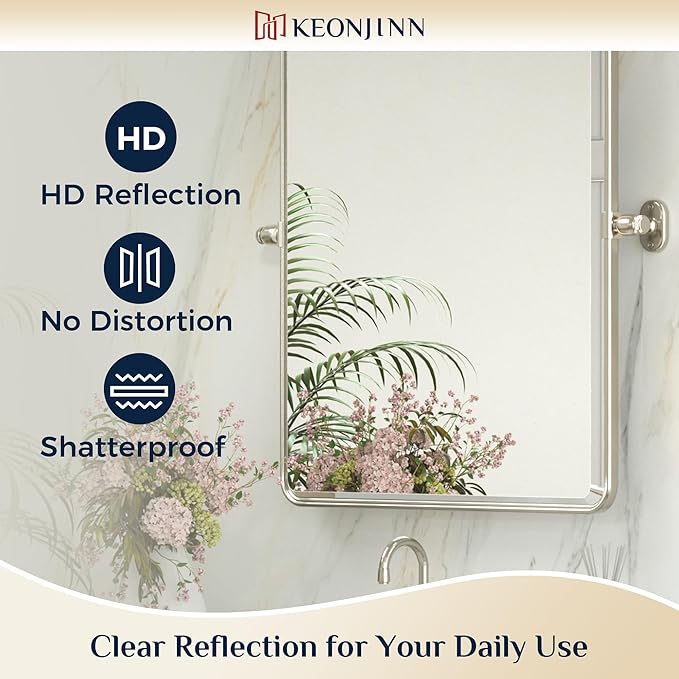 Keonjinn Brushed Nickel Pivot Mirror Bathroom, 20"x24" Tilt Mirror Bathrooms for Over Sink, Silver Rounded Corner Beveled Bathroom Mirror, Modern Metal Framed Vanity Mirrors (Horizontal/Vertical)