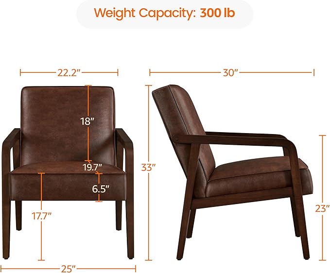 Yaheetech PU Leather Accent Chair, Mid-Century Modern Barrel Chair with Wooden Frame and Soft Thick Padded for Living Room Bedroom Home Office, Dark Brown