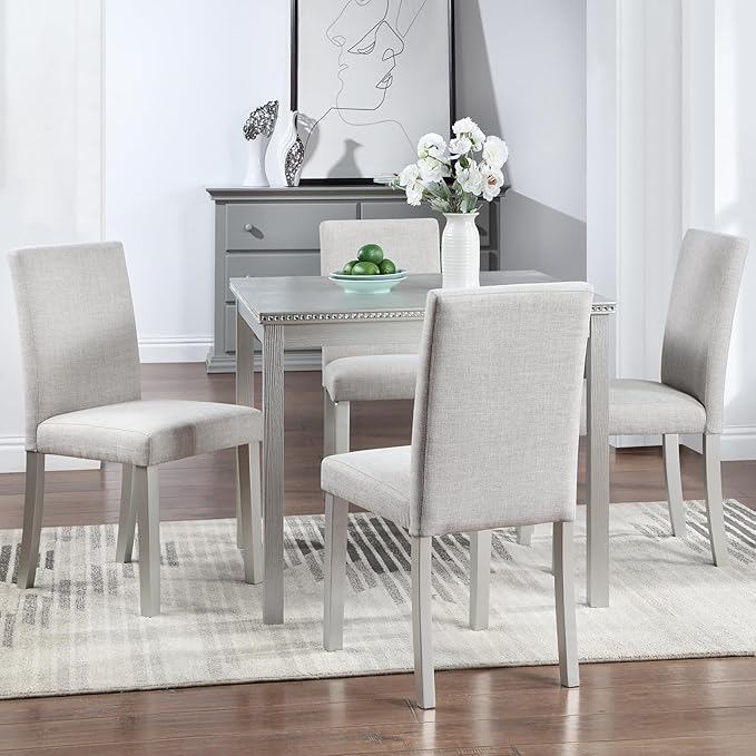 KEIKI 5-Piece Standard Height Dining Table Set with Square Table and 4 Upholstered Chair, for 4 Person, Classic Crystal Decoration Wood Table Set, Easy Assembly, for Kitchen, Dining Room, Silver Grey