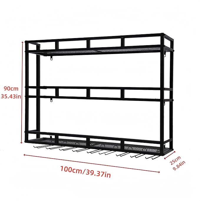 39 Inch Metal Wine Rack Wall Mounted, Bar Shelves for Liquor Bottles with LED Light, 3 Tier Large Capacity Liquor Rack Wall Mounted with Glass Holder for Home Bar & Dining Room, Black