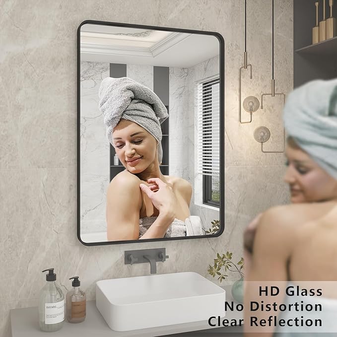 24x36 Inch Black Framed Mirror for Wall, Matte Black Bathroom Rectangle Mirror, Rounded Corner, Anti-Rust (Horizontal/Vertical)
