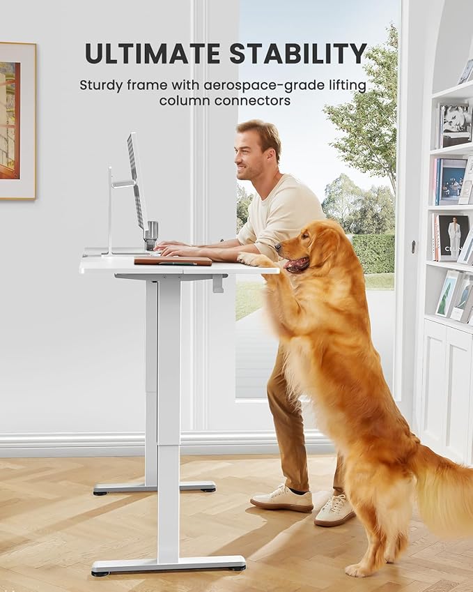 ErGear Small Height Adjustable Electric Standing Desk, 40 x 24 Inches Sit Stand up Desk, Memory Computer Home Office Desk with Two-Piece Desktop (White)