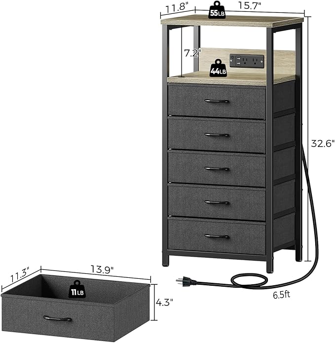 Seventable Night Stand with Charging Station, Tall Nightstand with 5 Fabric Storage Drawers, Side Table with LED Light for Bedroom, Entryway, Greige, Set of 2