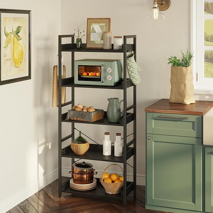 Rolanstar Bookshelf 5 Tier with 4 Hooks, Industrial Wood Bookcase, Vintage Storage Rack with Open Shelves, Rustic Standing Bookshelves Metal Frame Display Rack for Living Room, Bedroom, Black