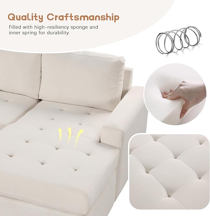 108.3 Inch Modular Sectional Sleeper Sofa with Pull-Out Bed and Lounge Chair, U-Shaped Combination Corner Couch w/USB & Type-C Interfaces, for Living Room Bedroom Office, Beige