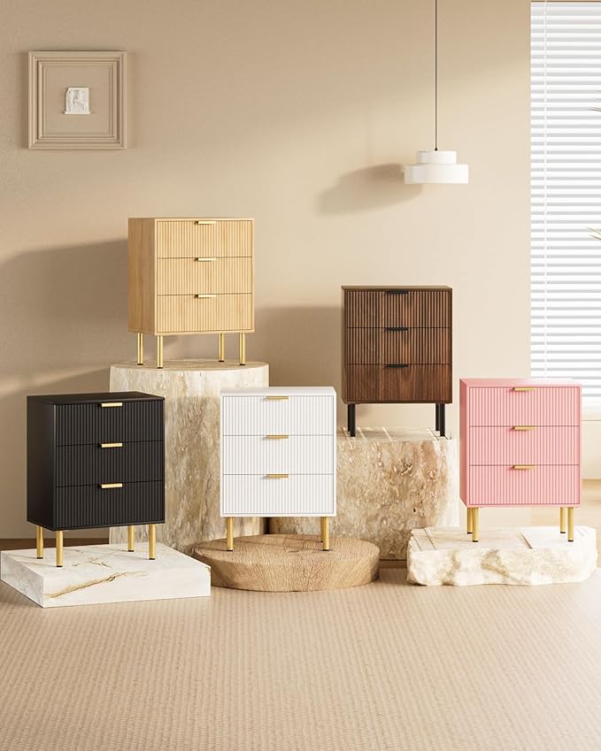 Night Stand,Tall Bedside Table with 3Storage Drawers,Walnut Nightstand,Bedside Furniture,Side Table with Gold Frame,End Table for Bedroom,Living Room