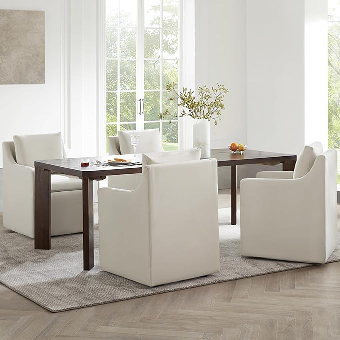 Upholstered Dining Chairs with Casters Washable Cover Side Deskchair with Rollers for Diningroom, Living Room, Flax Beige, 4 Box