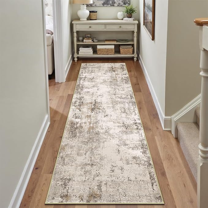 3x12 Washable Runner Rug Brown Grey Neutral Abstract Hallway Kitchen Living Room Bedroom Non Slip Throw Rug Soft Low Pile Indoor Carpet for Entrance Laundry Bathroom