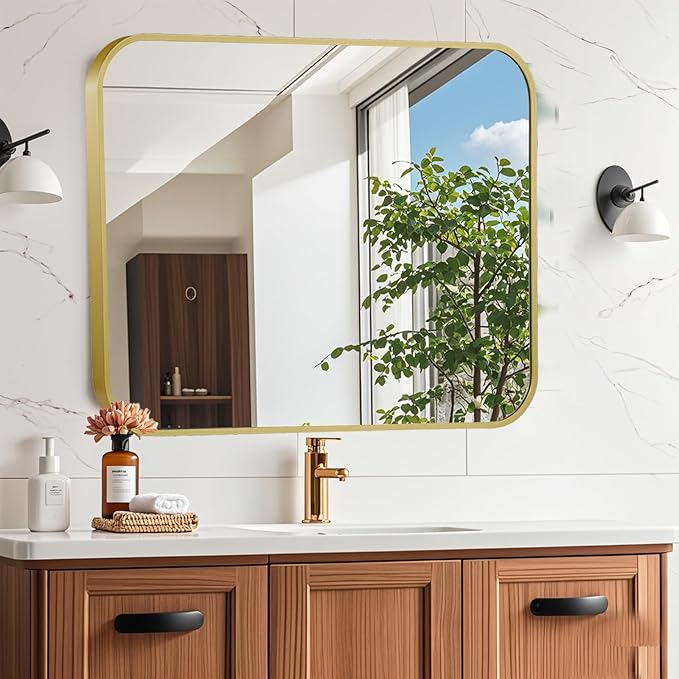 24x32 Inch Gold Mirror, Framed Rectangle Mirror with Rounded Corner, Brushed Brass Mirror, Gold Bathroom Mirror for Over Sink, Vanity, Living Room, Bedroom, Horizontal/Vertical