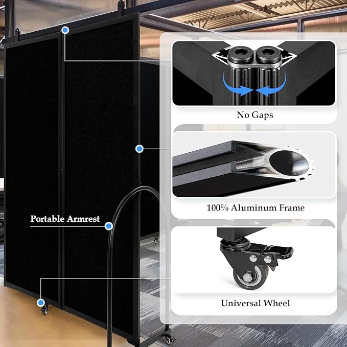 Folding Room Partition,Privacy Room Screen with Arms,Office Dividers Partition Wall,10'2"L* 6'7"H,Black