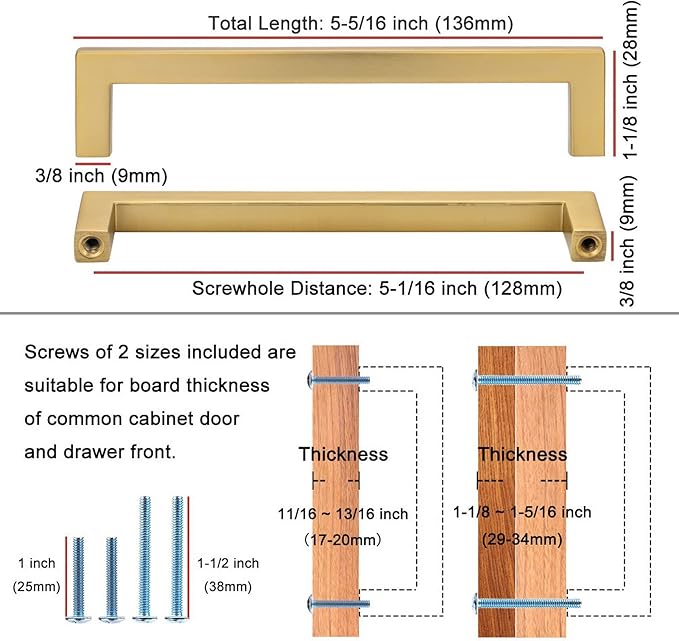 KOOFIZO Solid Square Bar Cabinet Handle - Brushed Gold Furniture Pull, 5 Inch/128mm Screwhole Distance, 10-Pack for Kitchen Cupboard Door, Bedroom Dresser Drawer, Bathroom Wardrobe Hardware