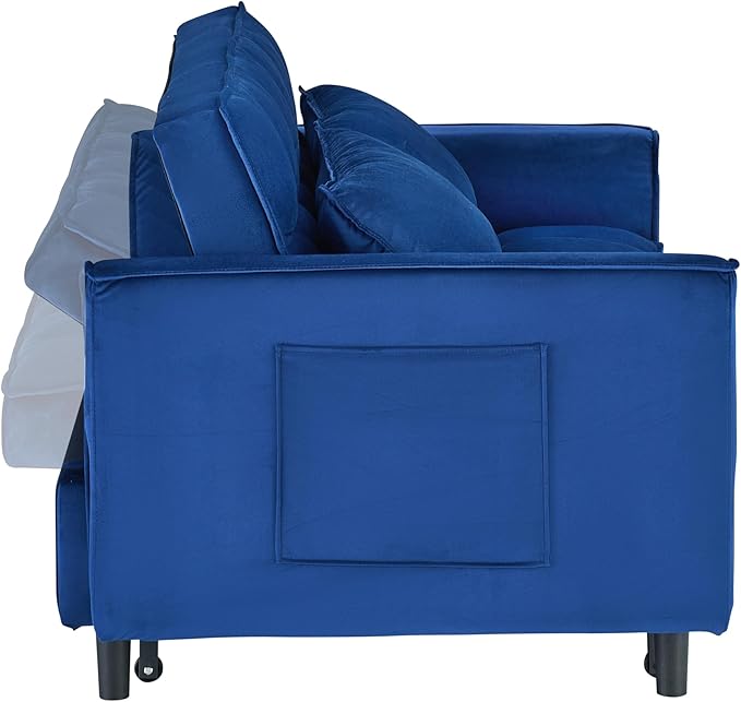 Ball & Cast 55" Convertible Sofa Bed,3 in 1 Sleeper Sofa W/Pull-Out Bed,Convertible Pull Out Couch W/2 Pillows,Adjustable Backrest & Side Pocket,Velvet Futon Couches for Living Room,Apartment,Blue