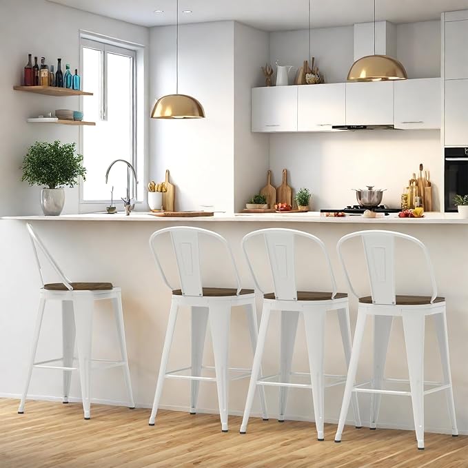 26” Swivel Bar Stools Set of 4, Counter Height Bar Stools Wooden Seat, Metal Industrial Bar Chairs with High Back for Kitchen Island (White)
