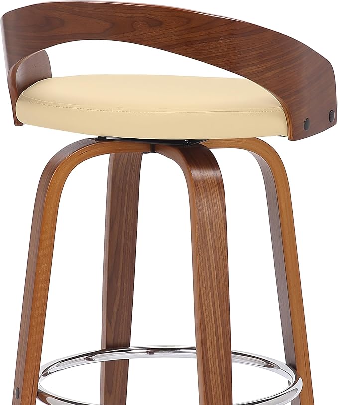 Armen Living Sonia 30" Bar Height Swivel Cream Faux Leather and Walnut Wood Bar Stool - Set of 4