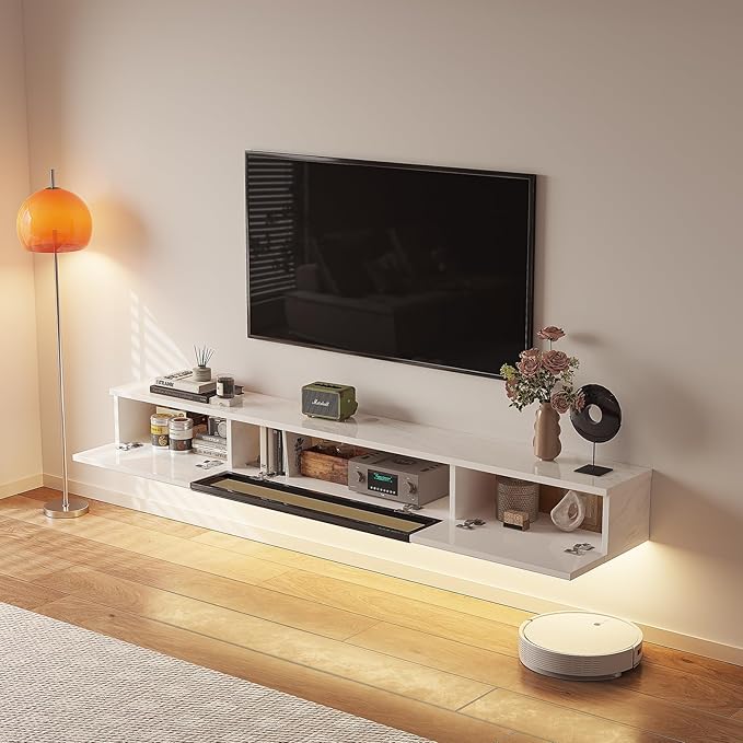 High Gloss Floating TV Stand,70'' Wall Mounted TV Console,Under TV Floating Shelf,Floating TV Cabinet with 3 Doors for Bedroom Living Room(White)