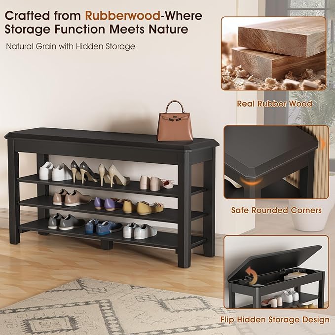 Shoe Rack Bench Seat Rubberwood 3-Tier Wooden Storage Bench 550lbs Compact Mid-Century Modern Design for Entryway, Hallway, Closet, Front Door Entrance, Foyer