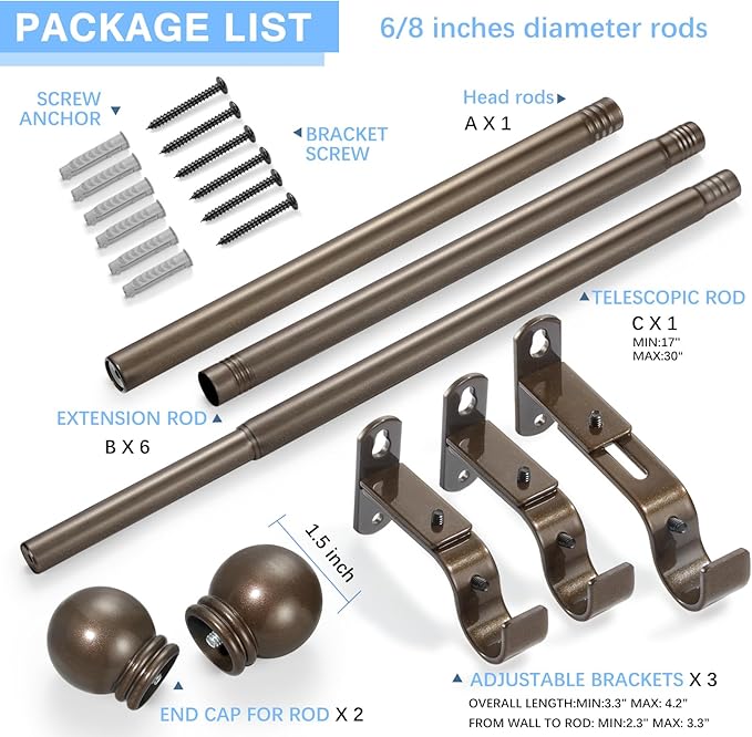 Curtain Rods for Windows 16 to 120 Inches, Curtain Rod Max Adjustable Length of 132 IN, 6/8" Diameter Drapery Rods Round Finials, Brown, Pack of 1