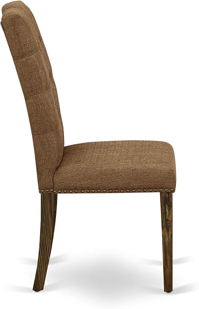 East West Furniture F3EL7-718 7 Piece Kitchen Table Set Consist of a Round Dining Table with Pedestal and 6 Brown Linen Linen Fabric Parsons Dining Chairs, 48x48 Inch, Distressed Jacobean