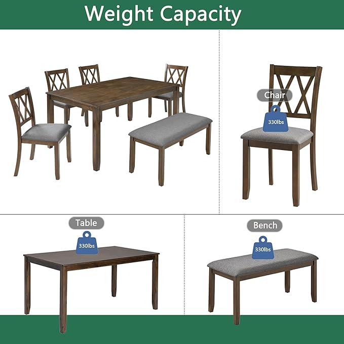 soges 6 Piece Kitchen Dining Set, Rectangular Wooden Dining Table with 4 Upholstered Chairs and a Bench, Morden Dining Table Set for 6 People, Living Room, Home and Kitchen, Walnut
