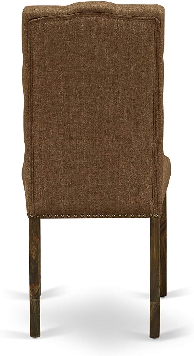 East West Furniture F3EL7-718 7 Piece Kitchen Table Set Consist of a Round Dining Table with Pedestal and 6 Brown Linen Linen Fabric Parsons Dining Chairs, 48x48 Inch, Distressed Jacobean