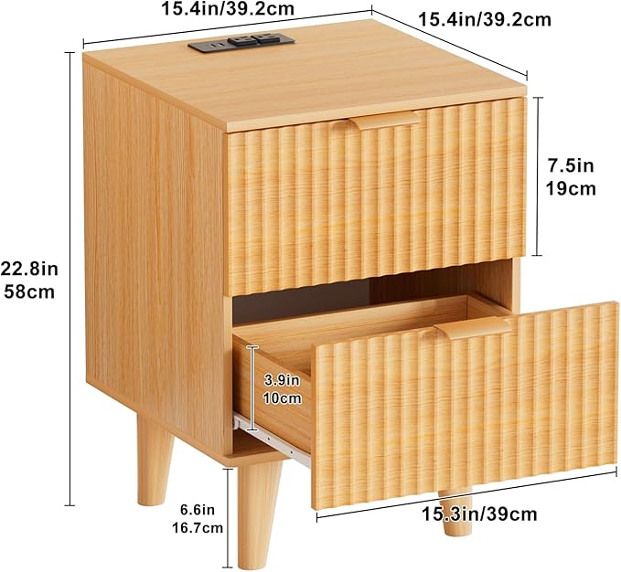Urban Deco Fluted Nightstand with Charging Station, Mid Century Modern Nightstand, Wooden Side Table with 2 Fluted Drawers, End Table with Solid Wood Legs for Bedroom, 15.4 x 15.4 x 22.8 in (Natural)