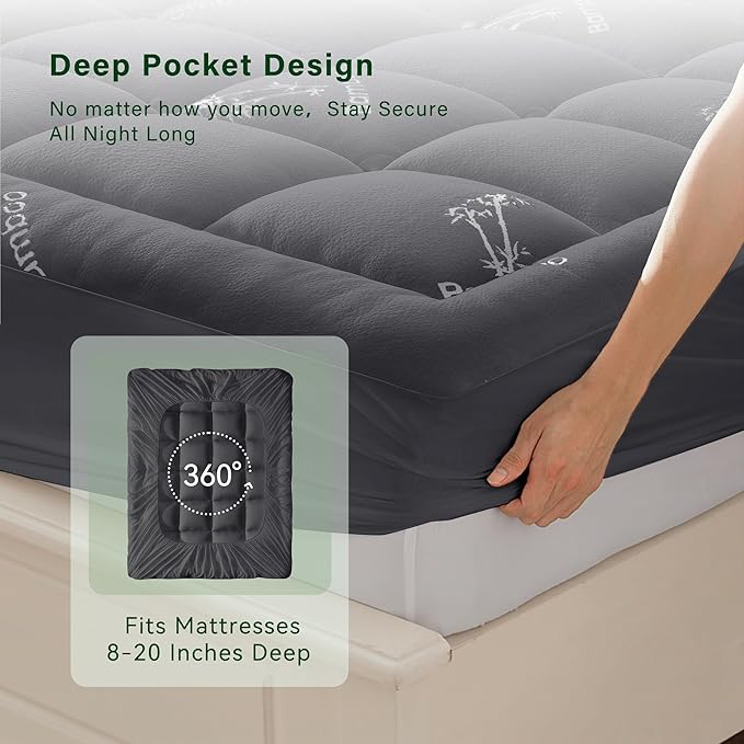 Anluoer Memory Foam Mattress Topper Queen for Back Pain, Rayon Derived from Bamboo Pillow Top Mattress Topper for Hot Sleepers,Cooling Mattress Pad with 8-21" Deep Pocket, 60x80 Inches, Dark Grey