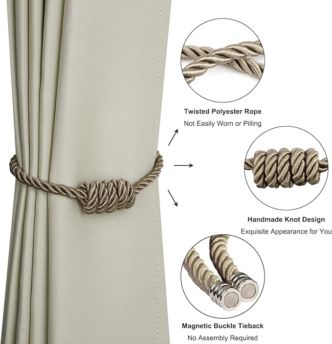 BEL AVENIR Magnetic Curtain Tiebacks, Decorative Drapery Holdbacks Modern Woven Tie-Backs with Exquisite Knot (Flaxen, 6 Pack)