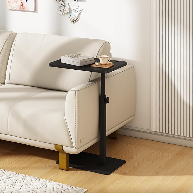 Forevich Bamboo Sofa Tray Table C Shaped Side End Table with Metal Base, Adjustable Height Swivel Snack Couch for Bed Small Spaces Living Room Black Table and Black Base