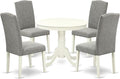 East West Furniture ANEN5-LWH-06 5 Piece Dining Room Furniture Set Includes a Round Kitchen Table with Pedestal and 4 Dark Shitake Linen Fabric Parsons Dining Chairs, 36x36 Inch, Linen White