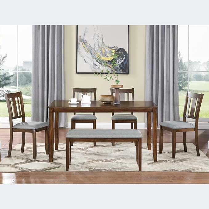 soges 6 Piece Kitchen Dining Table Set, Wooden Dining Table with 4 Upholstered Chairs and a Bench for 6 People, Living Room, Home and Kitchen, Table Chairs Set, Walnut