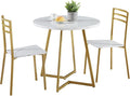 VECELO Small Round Dining Table Set for 2, Wood Tabletop with Strong Metal Frame, Modern Dinette with Chairs for Kitchen, Breakfast Nook Living Room, White & Gold