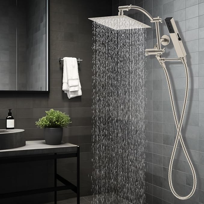 Hibbent All Metal 8'' Rainfall Shower Head, Shower Head Combo, High Pressure Handheld Shower Wand, 4 Sprays, 16'' Adjustable Arc-shaped Extension Arm, 71'' Hose, Showerhead Holder, Brushed Nickel