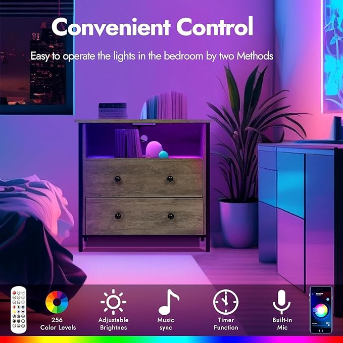27 Inch Wide Night Stand, Lrage Wood Night Stand Set 2 with 2 Drawers, LED Nightstand with Charging Station and Adjustable Drawer, Bedside Table for Living Room/Bedroom/Study/Office, Gray.