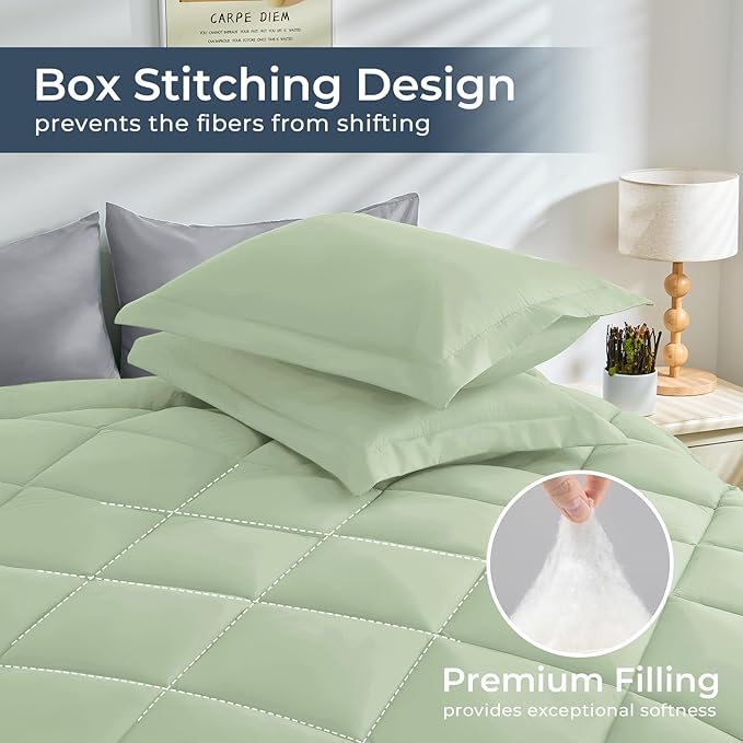 HEVUMYI King Comforter Set - 7-Piece All Season Bed in a Bag King, Ultra Soft Bedding Set with Comforter, Flat Sheet, Fitted Sheet, Pillowcases, Pillow Shams, Sage Green & Light Grey
