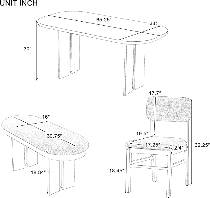 Merax Farmhouse Wooden Dining Set of 6, 65 Inch Rectangular Kitchen Table, Upholstered 4 Chairs with Backrest, Bench with Cushion, Easy Assemble, Espresso
