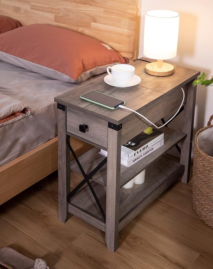 Narrow End Table with Charging Station - Farmhouse Slim Side Table Set of 2, w/USB Ports Power Outlets, Nightstand w/Flip Top Storage Drawer, for Small Spaces Living Room Bedroom, Gray
