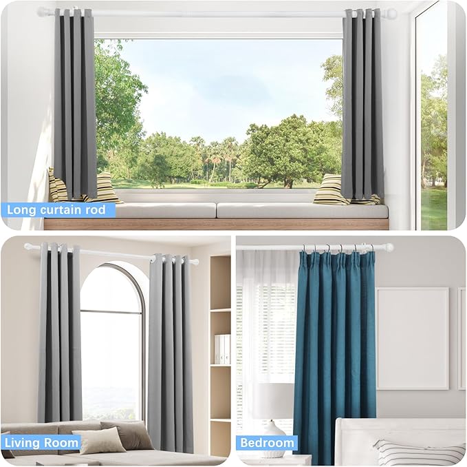 Curtain Rods for Windows 16 to 150 Inches, Curtain Rod Max Adjustable Length of 160 IN, 1" Diameter Drapery Rods Round Finials, White, Pack of 1