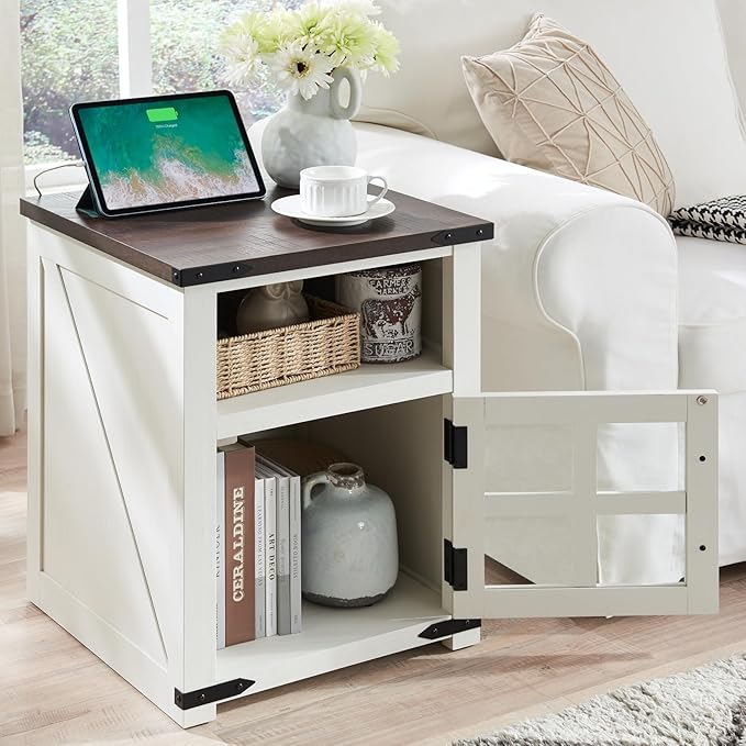 Farmhouse Nightstand with Charging Station, Rustic End Table with Tempered Glass Barn Door, Wood Sofa Side Bedside Table with Open Storage Shelf for Living Room, Bedroom, White