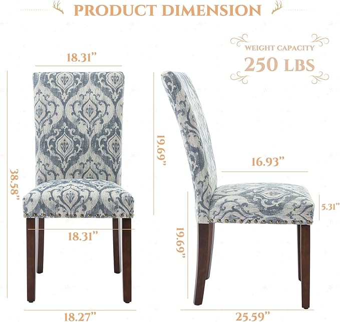 Parsons Dining Chairs Set of 2, Upholstered Nailhead Dining Room Kitchen Side Chair with Thick Cushions and Wood Legs, White/Blue