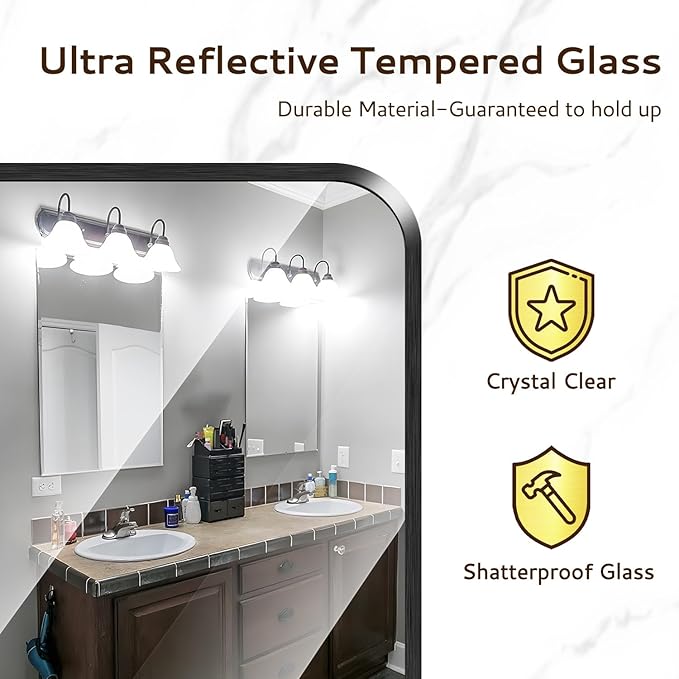 20x28 Rounded Rectangle Bathroom Mirrors for Over Sink, Black Vanity Mirror with Metal Frame Wall Mounted, Modern Farmhouse Mirror for Restroom, Bedroom, Entryway Decor