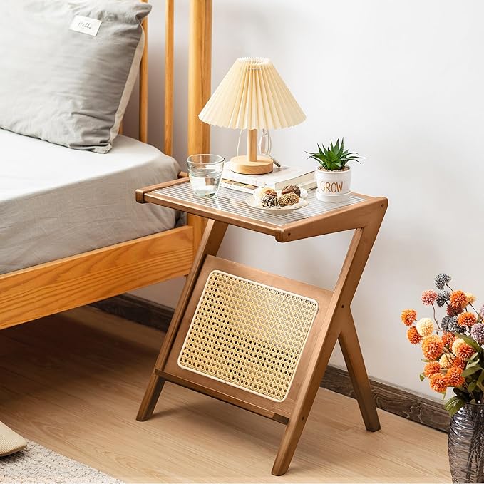 Tiita Rattan Nightstand Side Table, Bamboo Accent Bedside Tables, Glass Coffee Tables, Boho Wooden End Table with Storage for Small Space, Living Room and Bedroom