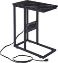 VECELO C Shaped End Side Table with Charging Station & Power Outlets for Couch Sofa/Bed Snack TV Tray with Metal Frame for Living Room Bedroom 1 Set, Black Marble