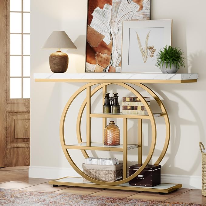 Tribesigns 41.3" Console Table, Industrial 4-Tier Sofa Entryway Table with Circle Base, Narrow Wood Accent Tables with Storage Shelves for Living Room, Hallway, Foyer, White Gold