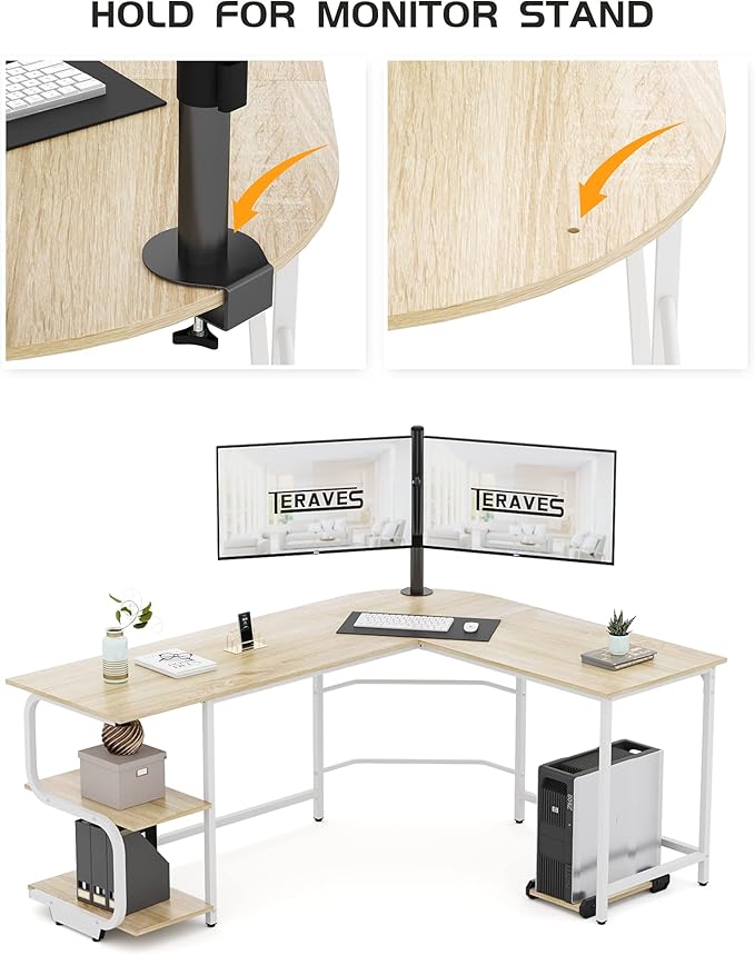 Teraves Reversible L Shaped Desk with Large Surface, 69 Inch Sturdy Corner Desk with Storage Shelves, Premium Office Computer Desk Workstation for Home Office Gaming