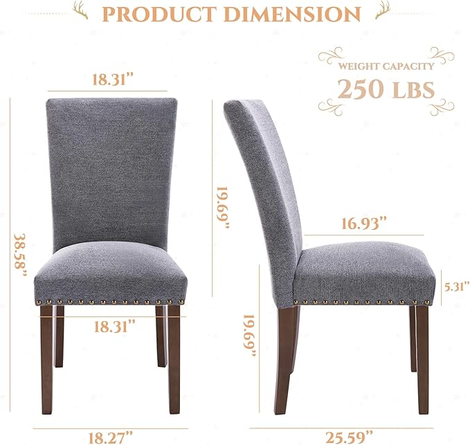 Parsons Dining Chairs Set of 6, Upholstered Nailhead Dining Room Kitchen Side Chair with Thick Cushions and Wood Legs, Dark Grey