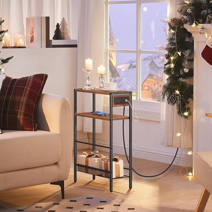 HOOBRO Small Narrow Side Table with Charging Station Set of 2, Skinny End Table for Small Spaces, Slim Nightstand with USB Ports Outlet, Sofa Beside Table with Storage Shelf BF102UBZP201