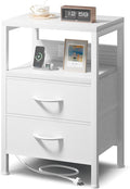 NightStand Bedside Charging Table Bedroom - Night Stand with Charger Station, White Modern Bed Side End Table with Open Shelf & 2 Fabric Drawers, USB-C USB Ports & AC Outlets for Dorm, Living Room