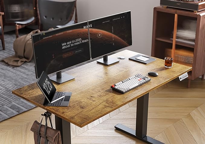 Seang Electric Standing Desk Adjustable Height, 55 x 24 Inch Sit Stand Desk with T-Shaped Frame, 3 Memory Presets & Cable Management for Home Office Computer Workstation, Black Frame/Rustic Brown Top
