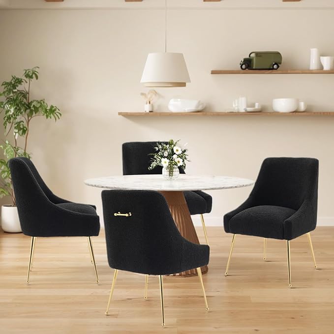 Modern Velvet Dining Chairs Set of 2, Contemporary Upholstered Furniture Collection with Polished Gold Metal Legs, Elegant Accent Chairs for Kitchen Living Room(Teddy Fleece,Black)